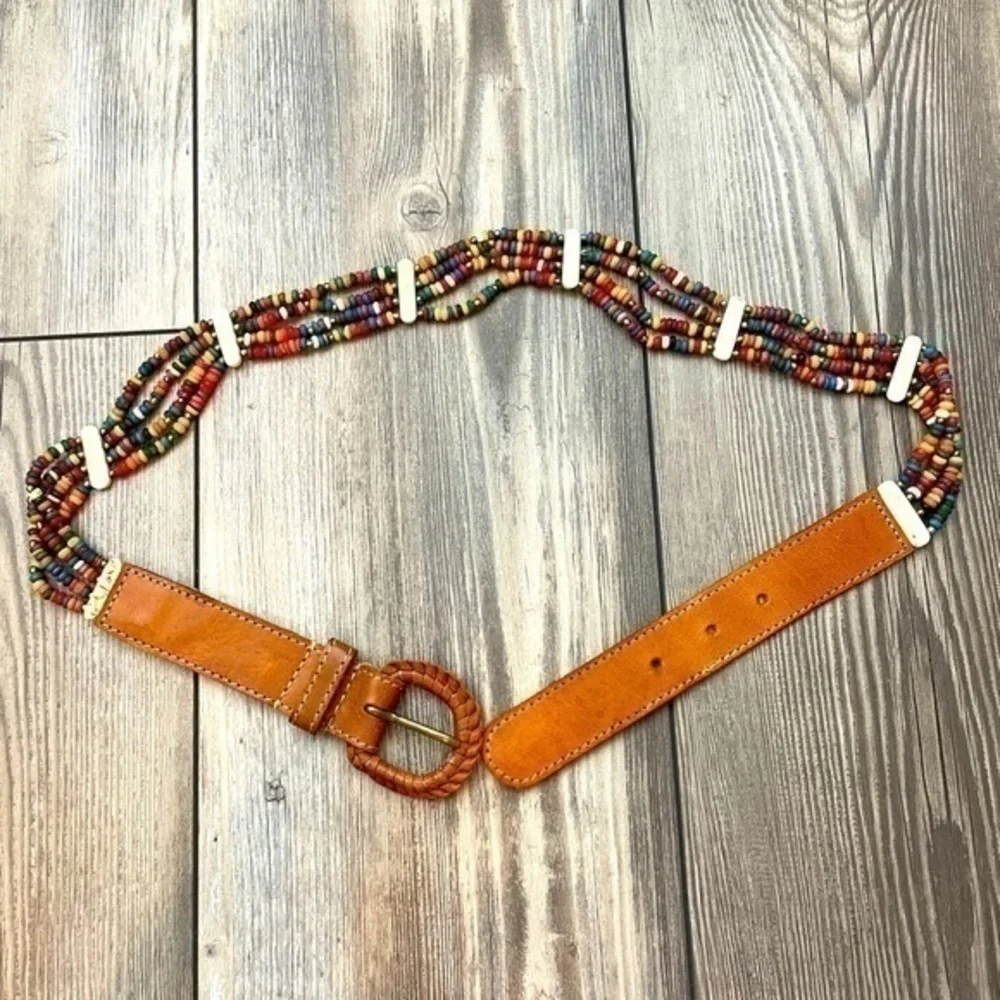 Leather & Colored Bone Bead Belt Made in India Fits 35” Waist | Handmade